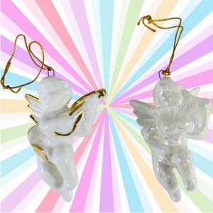 Two Porcelain white vintage angel ornaments 80s